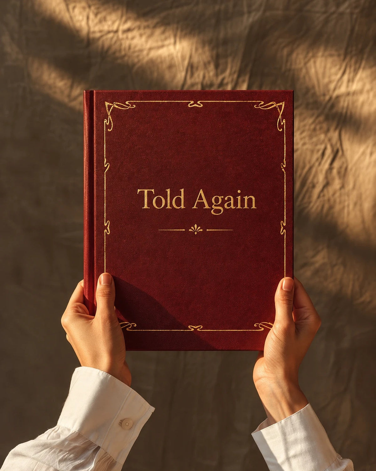 Burgundy Told Again hardcover photo book with gold foil border, held up in warm light