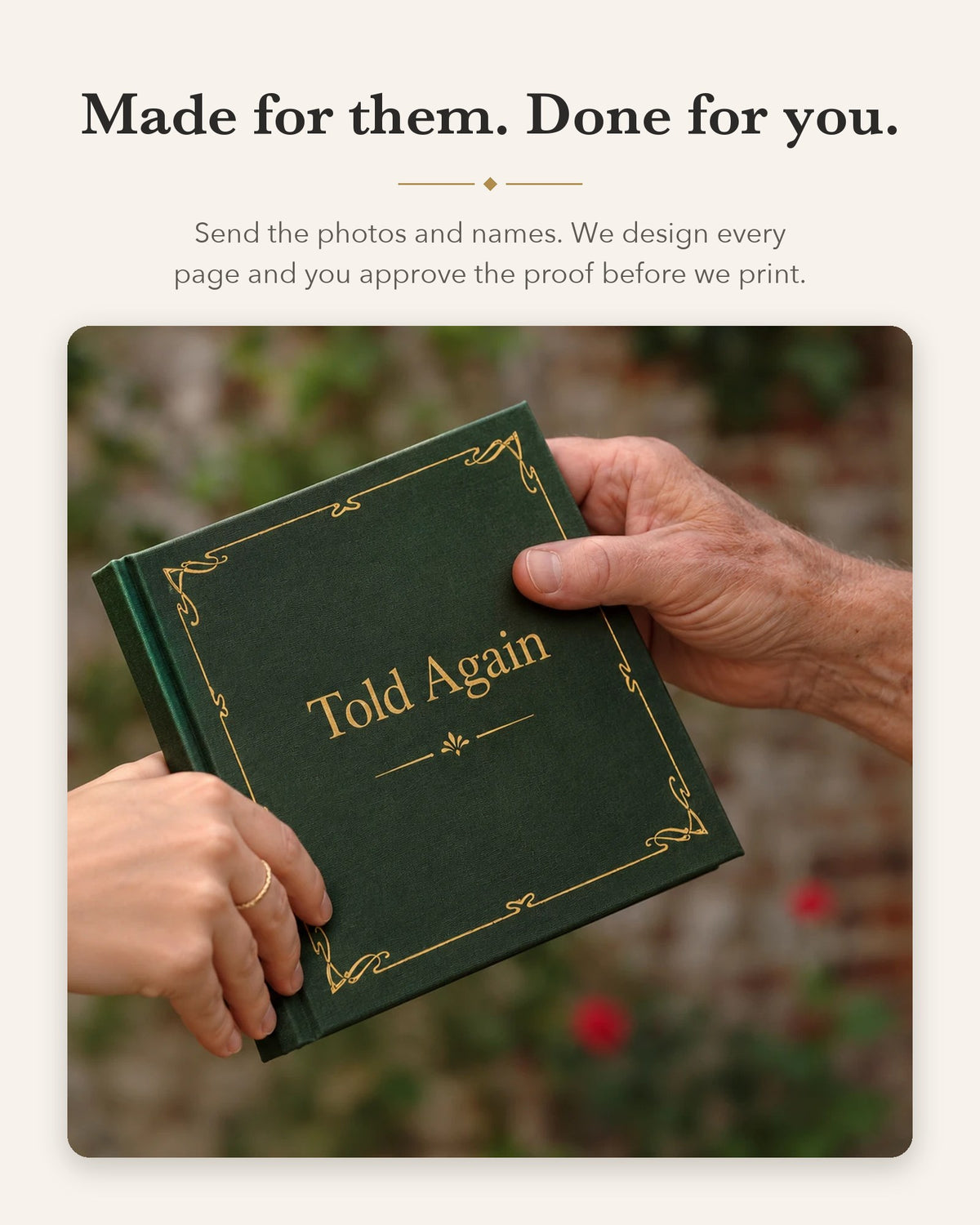 Green Told Again book being handed to an older man
